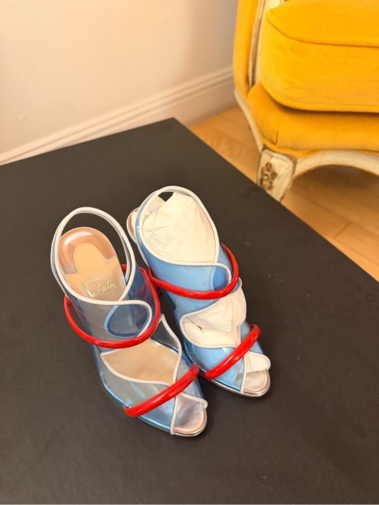 Christian Louboutin Shoes - Christian Louboutin Light Blue Leather Heels with Red Straps